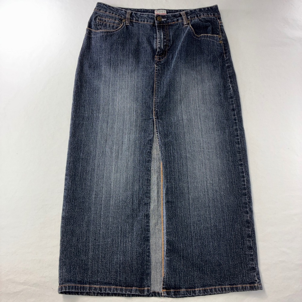 470 Y2K No Boundaries Denim Maxi Skirt 13 Blue Sandblast Front Slit Stretch
